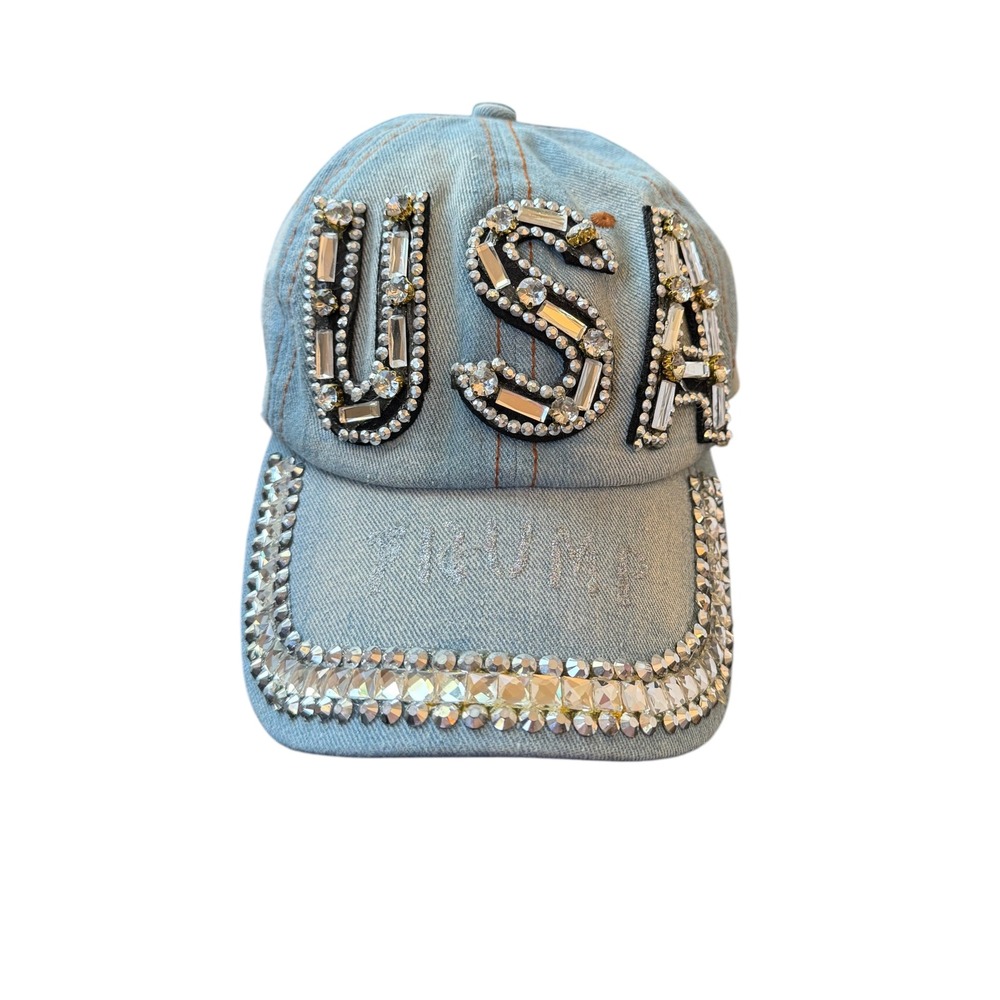 🌴 USA Rhinestone Denim Baseball Cap Trump Glitter Light Wash Studded Hat